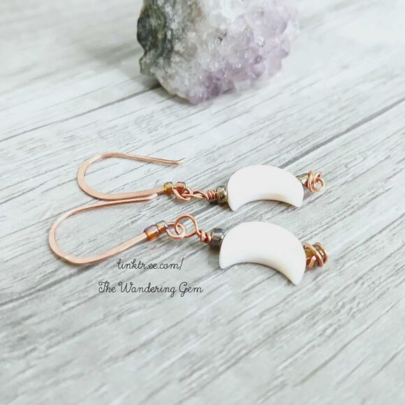 Crescent Moon Beaded Dangle Earrings, Hammered Copper Jewelry, 2" - Picture 1 of 5